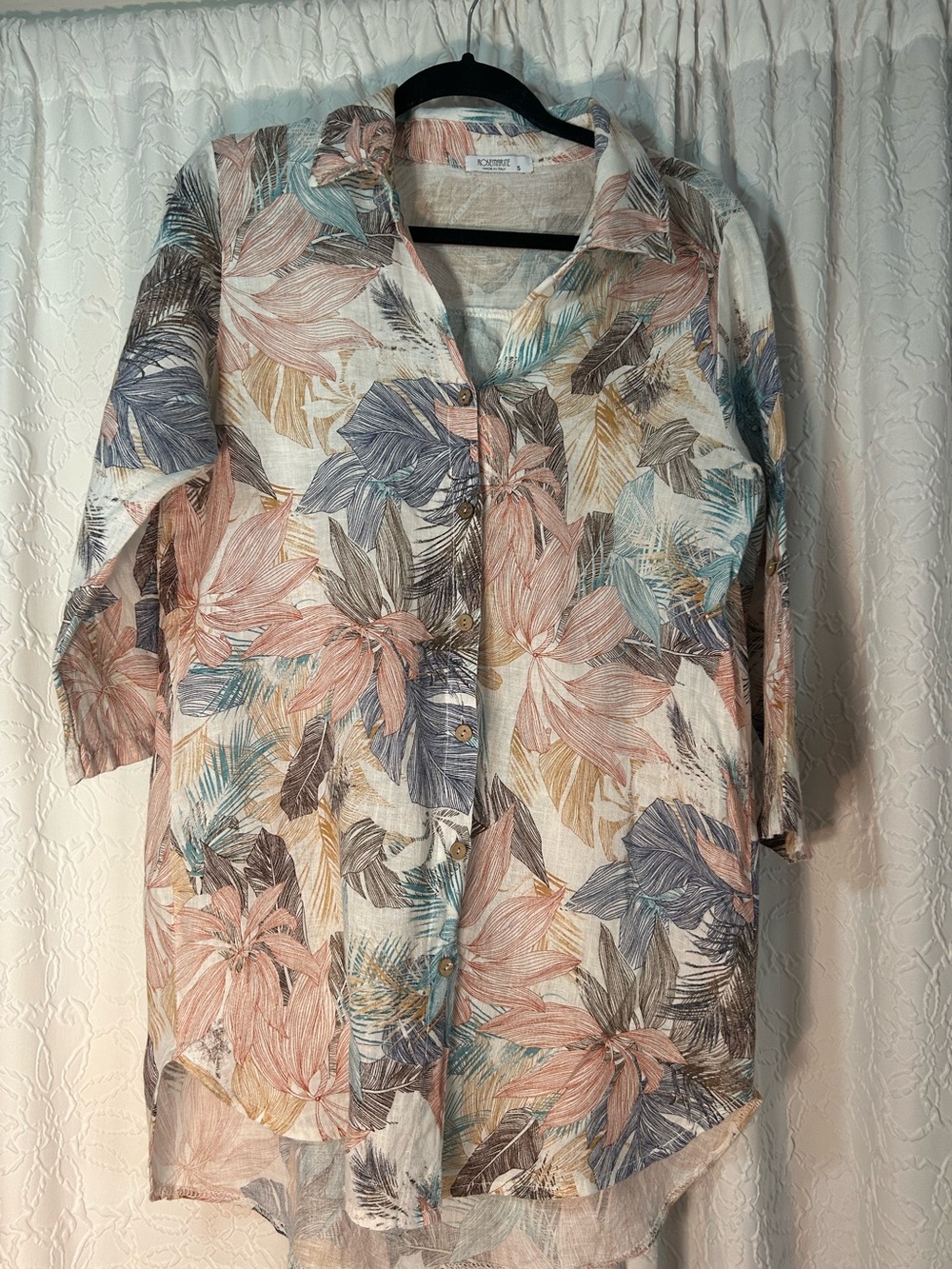 Rosemarine Floral Button-Front Italian Linen Shirt